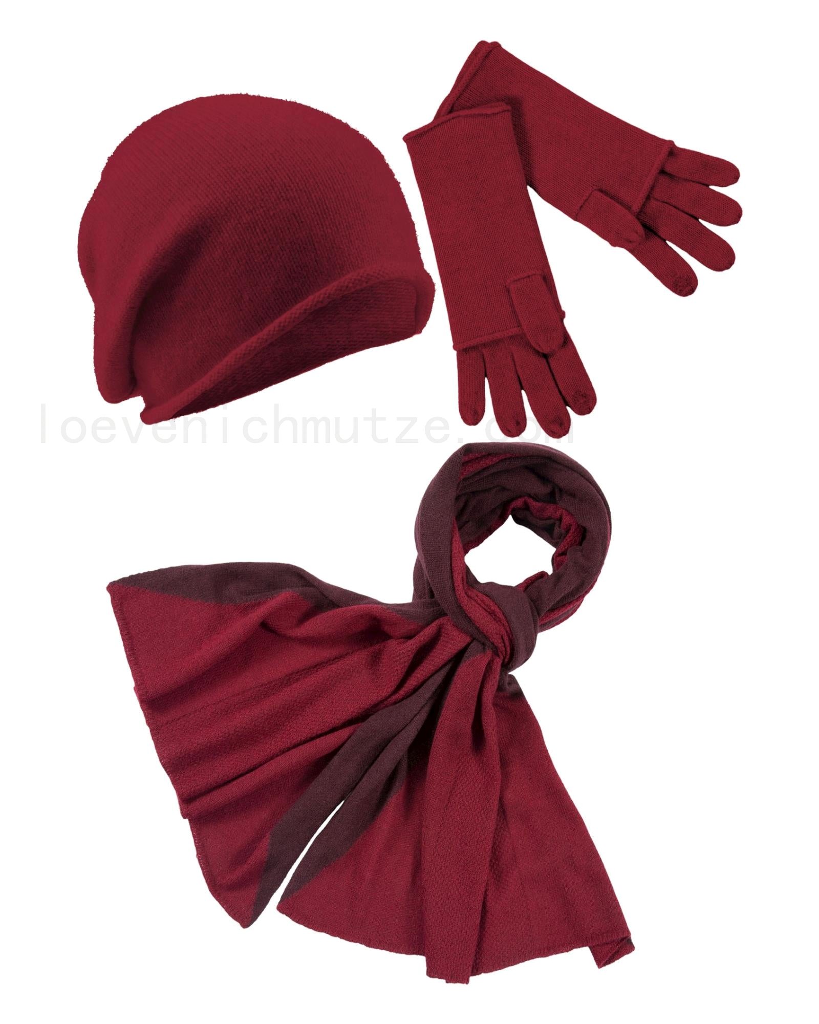 (image for) Günstige Online Shops Kaschmir-Beanie, Handschuh + Schal mit geometrischem Muster - Rubin
